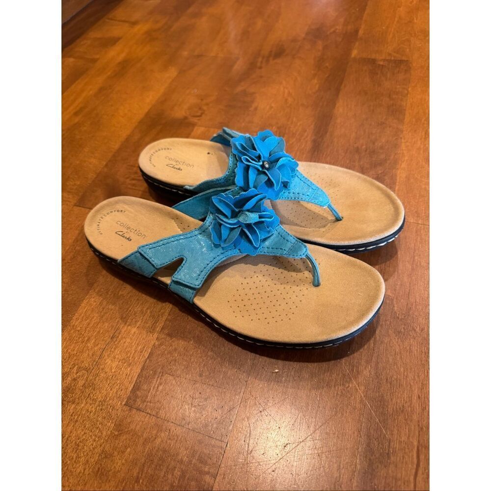 Clarks Collection Ultimate Comfort Women’s 8.5 Teal Leather Floral sandals
